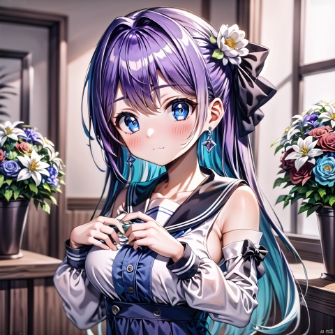 yxch, cuihuo, 1girl, solo, holding, blue eyes, breasts, flower, white flower, shirt, long hair, detached sleeves, upper body, bare shoulders, blush, closed mouth, bangs, holding flower, sidelocks, indoors, white shirt, collarbone, hair intakes, sailor collar, jewelry, purple hair, covered nipples, blue hair, black sailor collar, clothes lift, multicolored hair, black bow, hands up, earrings, medium breasts, bow, two-tone hair, colored inner hair, looking at viewer, shirt lift, large breasts, long sleeves, sleeveless shirt, blurry background, white sleeves,  a woman holding a bouquet of flowers in her hand and a dress on her body, in a room