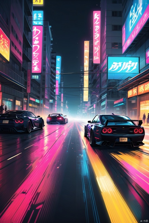 Anime-style street racer, neon-lit city, fast cars, drifting, adrenaline-fueled action, intense concentration, midnight speed