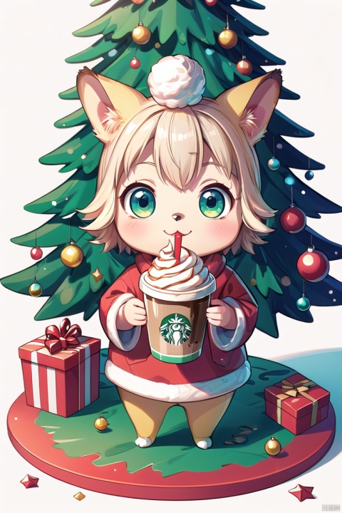 A detailed illustration of a print of a cute quokka standing under Christmas tree and it wear Santa hat drinking cup of frappuccino, Christmas theme, hyper realistic high quality, t-shit desing graphic, vector, carton, contour, fantasy swirls splash, modern t-shirt design, in the style of Studio Ghibli, light white red and green pastel tetradic colors, 3D vector art, cute and quirky, fantasy art, watercolor effect, bokeh, Adobe Illustrator, hand-drawn, digital painting, low-poly, soft lighting, birds-eye view, isometric style, retro aesthetic, focusedon the character, 4K resolution, photorealistic rendering, usingCinema 4D
