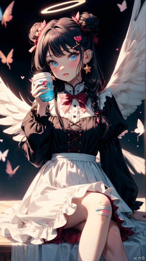  1girl, solo, long hair, looking at viewer, blush, bangs, blue eyes, black hair, hair ornament, long sleeves, dress, bow, ribbon, holding, jewelry, sitting, very long hair, braid, hair bow, heart, earrings, frills, parted lips, food, wings, hairclip, striped, hair bun, star \(symbol\), white dress, cup, double bun, feet out of frame, halo, blue bow, piercing, stuffed toy, frilled dress, stuffed animal, bug, white bow, butterfly, ear piercing, bandaid, holding cup, knees up, lolita fashion, angel wings, heart hair ornament, holding stuffed toy, bandaid on leg, best quality, tianxie