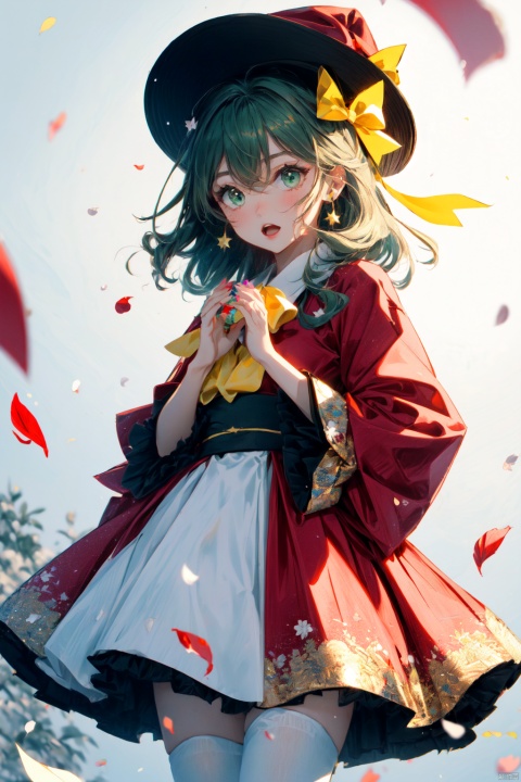  1girl, komeiji koishi, solo, hat, third eye, skirt, green eyes, green skirt, shirt, yellow shirt, bow, heart, white background, long sleeves, heart of string, simple background, black headwear, looking at viewer, ribbon, hat ribbon, frills, wide sleeves, frilled sleeves, eyeball, wavy hair, hair between eyes, frilled shirt collar, bangs, hat bow, blouse, yellow ribbon, green hair, cowboy shot, grey hair, yellow bow, collared shirt, medium hair, backlight, colors, white pantyhose, cherry_blossoms, confetti, falling_petals, floral_print, flower, hair_flower, hair_ornament, interlocked_fingers, japanese_clothes, jewelry, kimono, open_mouth, own_hands_together, petals, pink_dress, rose_petals, sandals, presentbox,star hair ornament,gift box,jingle bell,santa costume,santa gloves,star hair ornament,christmas wreath,santa hat, best quality, tianxie