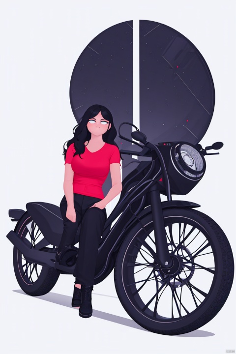 yxch, yxch business, shirt, white background, sitting, faceless, simple background, pants, black hair, red shirt, 1girl, black footwear, solo, short sleeves, faceless female, black pants, no mouth, long hair, wide shot, no nose, arrow \(projectile\), 3d modeling, 