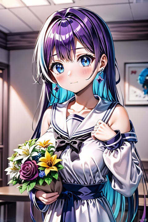 yxch, cuihuo, 1girl, solo, holding, blue eyes, breasts, flower, white flower, shirt, long hair, detached sleeves, upper body, bare shoulders, blush, closed mouth, bangs, holding flower, sidelocks, indoors, white shirt, collarbone, hair intakes, sailor collar, jewelry, purple hair, covered nipples, blue hair, black sailor collar, clothes lift, multicolored hair, black bow, hands up, earrings, medium breasts, bow, two-tone hair, colored inner hair, looking at viewer, shirt lift, large breasts, long sleeves, sleeveless shirt, blurry background, white sleeves,  a woman holding a bouquet of flowers in her hand and a dress on her body, in a room