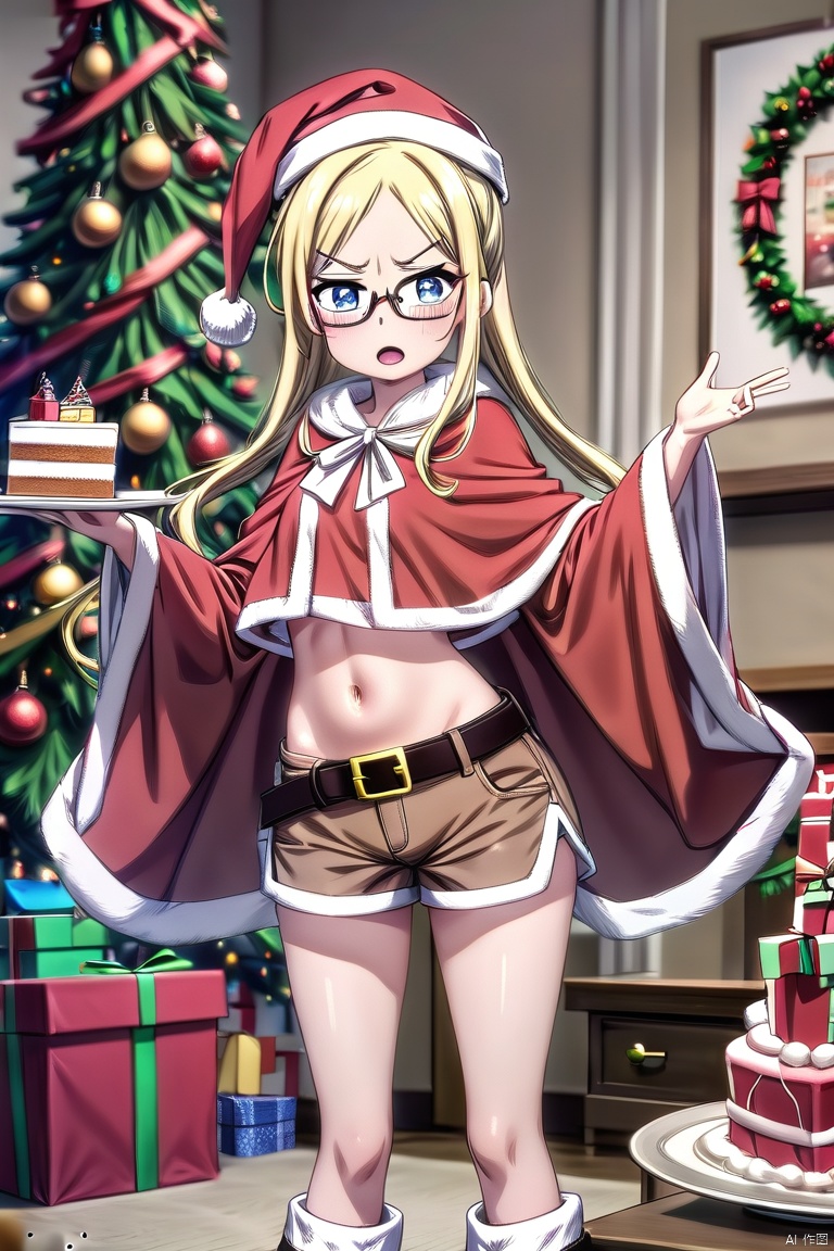 yxch, cuihuo, 1girl, shorts, navel, cake, santa costume, solo, blonde hair, belt, blue eyes, glasses, midriff, christmas, food, looking at viewer, crop top, hat, indoors, drill hair, stomach, gift, short shorts, christmas tree, santa hat, fur trim, long sleeves, holding, brown shorts, long hair, open mouth, v-shaped eyebrows, plate, red coat, boots, feet out of frame, standing, wide sleeves, book, capelet, , a woman dressed in a santa outfit holding a cake in front of a christmas tree and a christmas tree