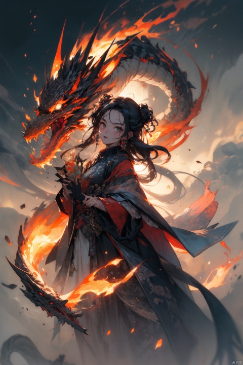  a girl,exquisite and complex background of flowers, Chinese dragons_ink and wash styles_misty clouds_ancient paintings_flames,(chinese dragon:1), yunqing, zydink, best quality, tianxie