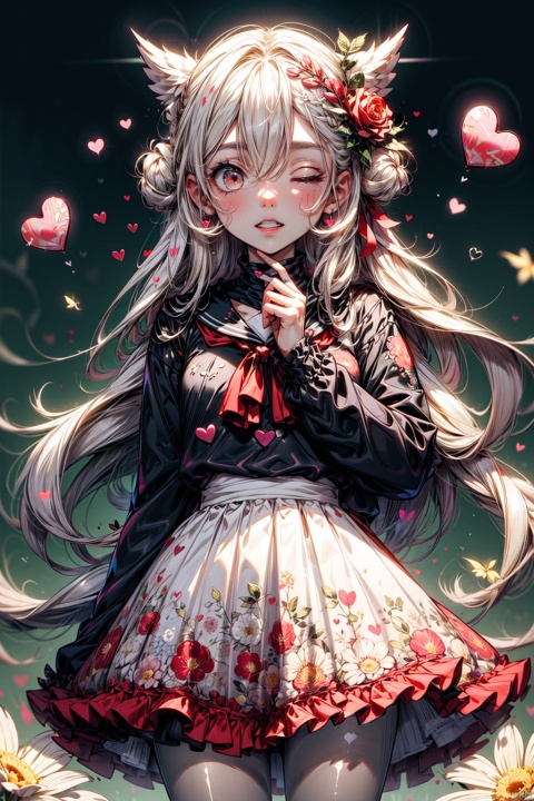  1girl, long hair, solo, red eyes, serafuku, hair_flower, white hair, long sleeves, pleated, clear eyes, black pantyhose, look at viewer, depth of field, (+floral background+), happy, parted lips, white clothes, (heart hands), between thighs, one eye closed,harajukugirl, best quality