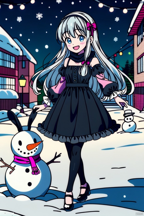 yxch, cuihuo, 1girl, snowman, solo, dress, smile, long hair, black footwear, grey hair, pantyhose, black dress, pink bow, night, snow, shoes, long sleeves, detached sleeves, blue eyes, :d, outdoors, bow, looking at viewer, standing, hair bow, open mouth, black pantyhose, snowing, frilled dress, frills, blush, bangs, see-through, see-through sleeves, standing on one leg, hairband, izumi sagiri, high heels, bare shoulders, building, puffy sleeves, sleeveless dress, black hairband, sky, lamppost, night sky, , a girl in a black dress and a snowman in the snow with a rabbit on her lap and a snowman in the background