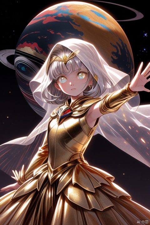 {{{masterpiece}}}, {{{best quality}}}, {{ultra-detailed}}, {illustration}, {{an extremely delicate and beautiful}},(1girl),(((planet))), silver hair, , ((gold eyes)),spread arms,outstretched hand,veil,glowing wings,bored,petite
