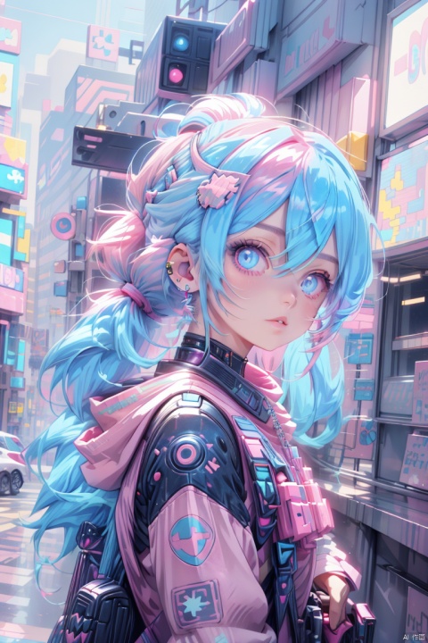  cyberpunk city,1girl,solo,looking at viewer,ponytail,long hair,multicolored hair,blue hair,pink hair,earrings,jewelry,parted lips,blue eyes,upper body,from side,lips, kawaiitech,pastel colors,kawaii, best quality