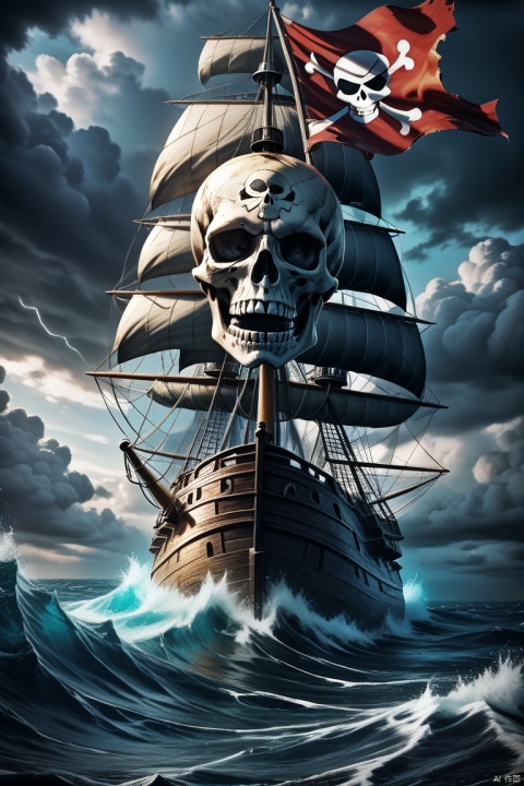 Realistic, hyper detailed, award winning masterpiece, full body portrait, ((ultra-high resolution 16k intense color portrait)), in the deep ocean, rough sea waves a large pirates ship with a black skull flag on top, ultra realistic, Hyper, vibrant light, storm, clouds, lightning, rough weather cinematic background
