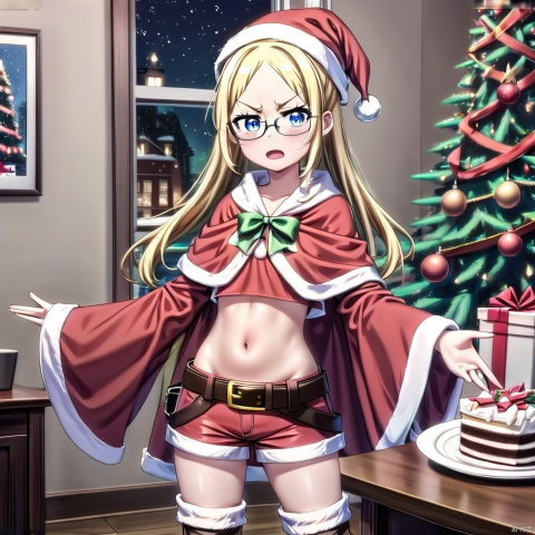 yxch, cuihuo, 1girl, shorts, navel, cake, santa costume, solo, blonde hair, belt, blue eyes, glasses, midriff, christmas, food, looking at viewer, crop top, hat, indoors, drill hair, stomach, gift, short shorts, christmas tree, santa hat, fur trim, long sleeves, holding, brown shorts, long hair, open mouth, v-shaped eyebrows, plate, red coat, boots, feet out of frame, standing, wide sleeves, book, capelet, , a woman dressed in a santa outfit holding a cake in front of a christmas tree and a christmas tree