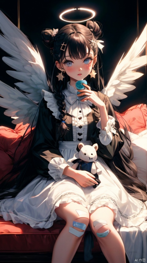  1girl, solo, long hair, looking at viewer, blush, bangs, blue eyes, black hair, hair ornament, long sleeves, dress, bow, ribbon, holding, jewelry, sitting, very long hair, braid, hair bow, heart, earrings, frills, parted lips, food, wings, hairclip, striped, hair bun, star \(symbol\), white dress, cup, double bun, feet out of frame, halo, blue bow, piercing, stuffed toy, frilled dress, stuffed animal, bug, white bow, butterfly, ear piercing, bandaid, holding cup, knees up, lolita fashion, angel wings, heart hair ornament, holding stuffed toy, bandaid on leg, best quality, tianxie