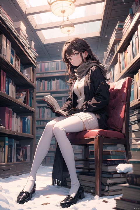  (1girl:0.6),thin,very long hair,brown hair,light brown eyes,(detailed eyes),small breasts,(coffee_knitted cardigan jacket),black high neck bottom shirt,white _sailor suit,((Black stockings)),head_dress,scarf,gloves,closed mouth,(seriously),sitting,holding a book,winter, (library),log cabin,snow,masterpiece, best quality, official art, extremely detailed CG unity 8k wallpaper, cozy anime, backlight, (wide shot:0.95), Dynamic angle, fanxing, (full body), cozy anime, tianxie