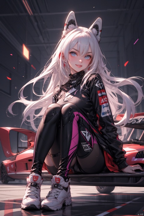  (((Masterpiece))),((Best Quality))),1gril,white_hair, bangs, long_hair,solo,full body,she's smiling, sitting on a race car, rich neon city background, futuristic elements, fluorescence, movie effects, Aurora punk, soft dreamy colors, bright cluster style, super detail, octane rendering, ray tracing complex detail, Ultra HD, best quality, tianxie