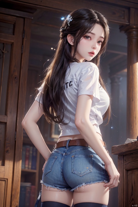 ((masterpiece, best quality, high definition, masterpiece,best quality,official art,extremely detailed CG unity 4k wallpaper, 8k, high detail)),1girl, solo, arms behind ,  t-shirt, denim shorts, , thighhighs, 1girl,yuzu