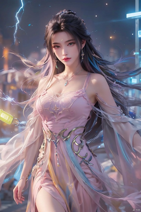  1girl,Bangs, off shoulder, colorful_hair, ((colorful hair)),golden dress, yellow eyes, chest, necklace, pink dress, earrings, floating hair, jewelry, sleeveless, very long hair,Looking at the observer, parted lips, pierced,energy,electricity,magic,tifa,sssr,blonde hair,jujingyi, wangyushan, dofas, forehead mark, (\yan yu\), qingyi,very lagre breast