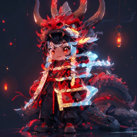  A red dragon, (Complex details, masterpiece, best quality, high-resolution, 8k) cartoon character,（Fireworks:1.2), lanterns,red envelope surround, sea surface, simple background, Chinese style,clouds, CNY_stage, poakl cartoon newyear style, 3D blind box, HTTP, dragonhead, 3DMMD