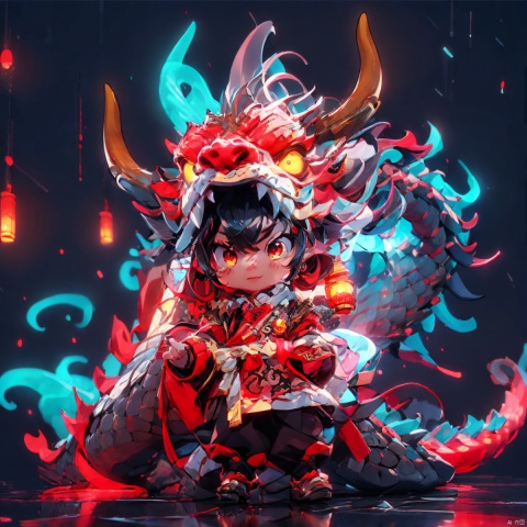  A red dragon, (Complex details, masterpiece, best quality, high-resolution, 8k) cartoon character,（Fireworks:1.2), lanterns,red envelope surround, sea surface, simple background, Chinese style,clouds, CNY_stage, poakl cartoon newyear style, 3D blind box, HTTP, dragonhead, 3DMMD