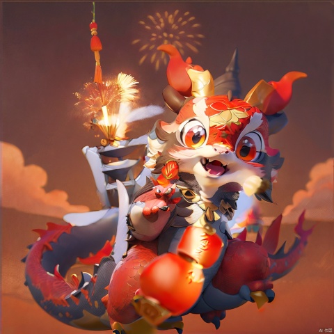  A red dragon, (Complex details, masterpiece, best quality, high-resolution, 8k) cartoon character,（Fireworks:1.2), lanterns,red envelope surround, sea surface, simple background, Chinese style,clouds, CNY_stage, poakl cartoon newyear style, 3D blind box, HTTP, dragonhead