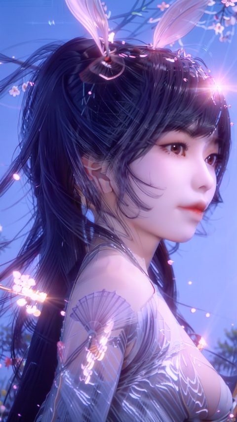  masterpiece, best quality, 1girl, yellow eyes, Beautiful face, delicate eyes, smile, long hair, white hair, tree, stairs, standing, sky, cherry blossoms, temple, looking at viewer, upper body, from below, looking back, ((Mecha)), young girl, Cyberpunk, CyberMechaGirl, (\nian nian you yu\), (\xing he\)