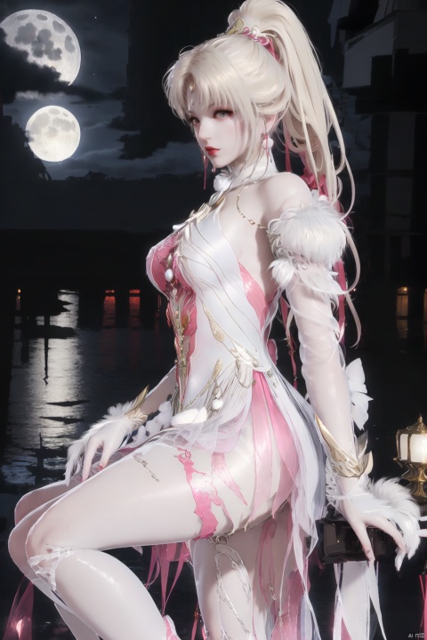  Top Quality, 1 girl, Sailor Moon, blonde hair, blue collar, boots, bow, castle, collar, city, crescent, Crescent, bun, earring, gloves, facial markings, flowers, full moon, gloves, jewelry, boots, layered skirt, lilies, lipstick, long hair, magic girl, cosmetics, Moon, night, Sailor Collar, Sailor Moon, sailor uniform, skirt, sky, solo, Star, Sky, Moon, pigtail, white shoes, white gloves, close up