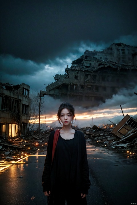 Gloomy image, a girl, gloomy atmosphere, destroyed buildings, gloomy sky, cruelty, breath of death,, ((poakl))