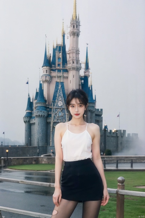 Cloudy day, foggy day, early morning, a naked woman, (real, photo :1.4), background Disney Castle, outdoors, real world scene, confident pose, perfect hand, cowboy shooting,
, Fine art, professional-grade capture,Sony A7R IV mirrorless camera with a Zeiss 24-70mm f/2.8 zoom lens,high-resolution, ((poakl)), 1girl, torn pantyhose