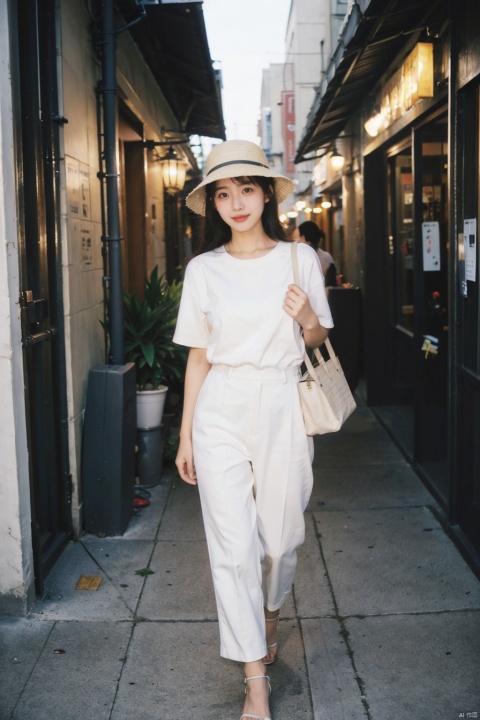 Real, photographic, the scene is set in a corner of the bustling city in the 1980s. A modern and fashionable Chinese woman comes into view. She is wearing bell-bottom pants that were popular at the time, a bright bat-sleeved shirt on her upper body, and a pair of white plastic sandals. Wearing a playful sun hat on her head, she is holding one of the most fashionable nylon woven handbags of the season.Her figure shuttles between individual shops in the streets and alleys, on the open-air dance floor in the park,