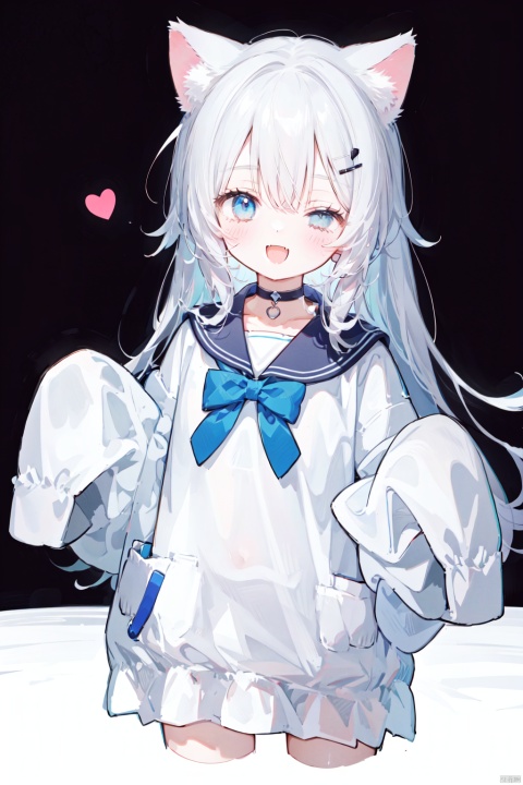  hoshi (snacherubi),1girl, solo, long hair, looking at viewer, blush, smile, open mouth, bangs, blue eyes, simple background, shirt, hair ornament, long sleeves, white background, animal ears, white shirt, upper body, grey hair, heart, one eye closed, choker, hairclip, fang, virtual youtuber, cat ears, sleeves past wrists, black choker, white jacket, ;d, cat girl, sleeves past fingers, cropped torso