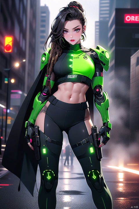 1figure, cyberpunk, futuristic, female, rogue agent, glowing tattoos, full-body armor, tactical visor, high-tech gauntlets, utility belt, exposed abdomen, chest plate, synthetic dreadlocks, green cybernetic eyes, shoulder pauldrons, flowing cape, thigh-high boots with buckles, energy weapon, digital camouflage patterns, augmented reality display, fingerless gloves, micro-missile launcher, dual pistols, cybernetic enhancements, ripped bodysuit, stern expression, lithe stance, half-cape, utility pouches, visible internal circuitry, cyber-eye HUD, red lip color, scar over left eyebrow, weathered urban backdrop, combat ready, ((poakl))