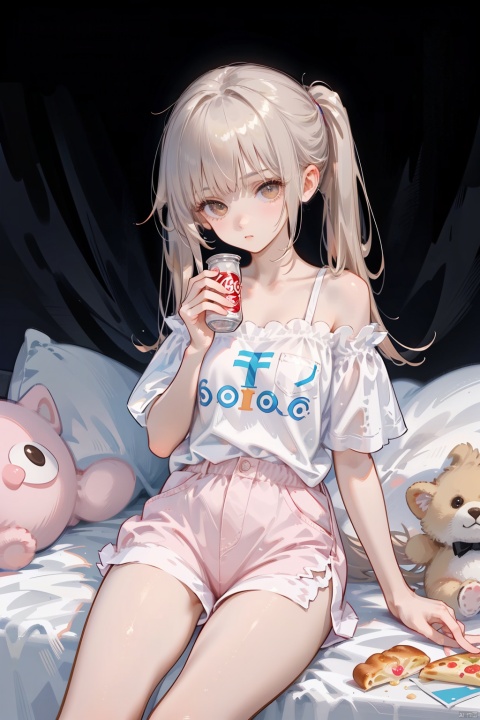 (best quality), ((masterpiece)), (highres), illustration, original, extremely detailed . ooo,1girl, pizza, food, futaba anzu, solo, long hair, twintails, shorts, controller, shirt, stuffed toy, game controller, brown eyes, eating, stuffed animal, stuffed bunny, off shoulder, sitting, coca-cola, panty peek, clothes writing, white shirt, can, soda can, pink shorts, low twintails, blonde hair, playstation controller, holding, short shorts, playing games, underwear, panties, bangs, t-shirt, short sleeves