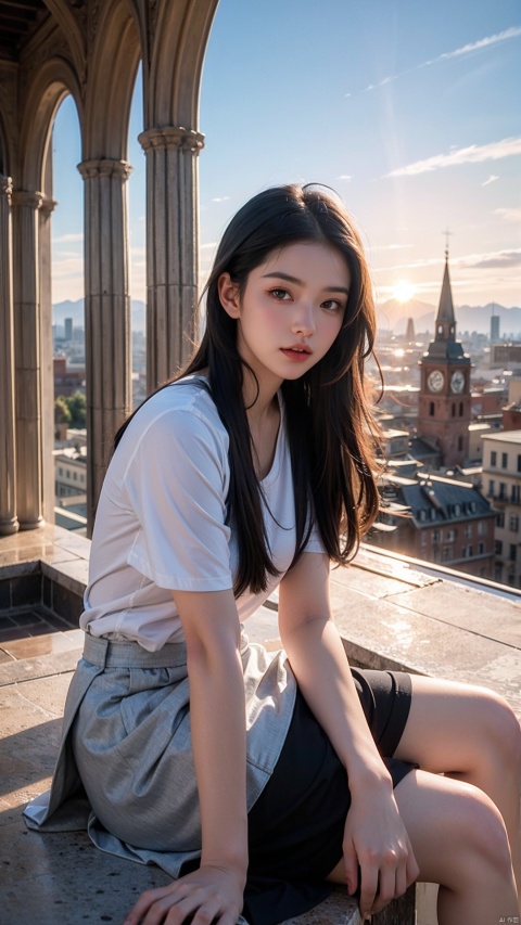  A young girl with long black hair sits on the eaves of the dome of a Gothic church, a thousand pleated skirt, beautiful black casual clothes, setting sun, flowing clouds, light beams, metal reflections, overlooking the whole city, a detailed wallpaper, a screenshot, gorgeous colors, lovely and beautiful, grand scenes, epic composition, realism, personalized depiction, Octane rendering, masterpiece, real texture, smooth skin, ray tracing, real light, (bell tower),(gradient sky),(city overlooking arrangement),(beautiful scenery),(sunset),(heaven and earth connected)