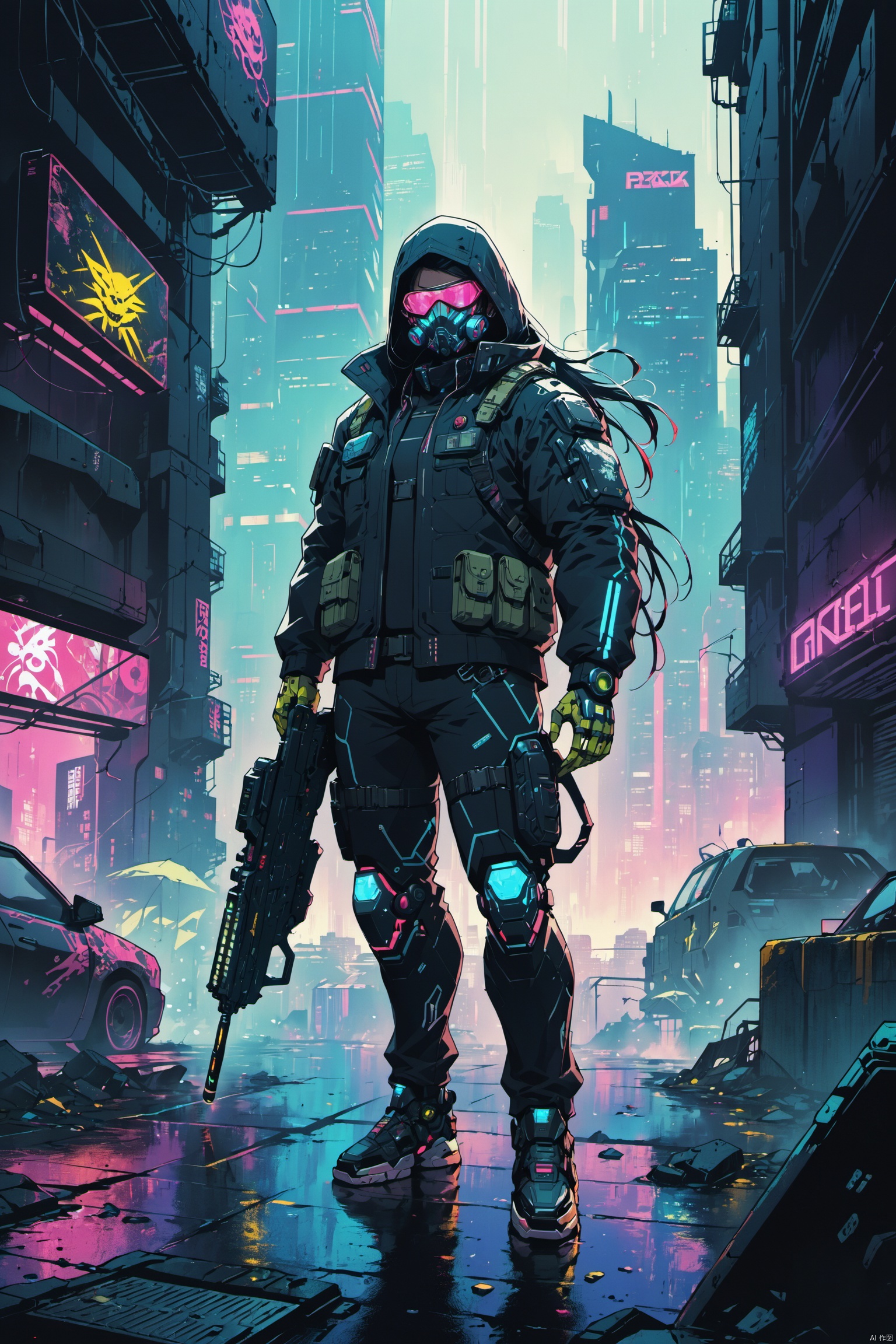 1Cyberpunk 2077-inspired character, full-body render, dressed in a custom-fit Kiroshi Optics augmented reality suit, complete with reactive color-changing panels and programmable LED patterns, heavily-modified cyberlimbs equipped with retractable blades, smart-gun integration, and kinetic dampeners, numerous chrome-plated implants glistening under the rain-soaked city's neons, facial augmentations including ocular implants with datascroll functionality and subdermal commlink, breathing mask concealing identity while providing air filtration in the toxic urban jungle, armored jacket with embedded armor plating and quick-release compartments for stash and ammunition, stood confidently on the edge of a rundown apartment block overlooking the sprawling megacity of Night City, embodying the gritty, lawless essence of a mercenary living life on the edge in a world ruled by corporate greed and rampant cyber modification..,((anime art style)), ((poakl)), eastern mythology