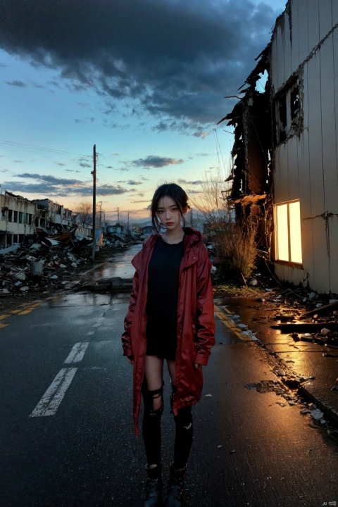  Gloomy image,1 girl robot,Metal body,Gloomy atmosphere,Red luminous eyes,Destroyed building,Gloomy sky,cruelty, ((poakl))