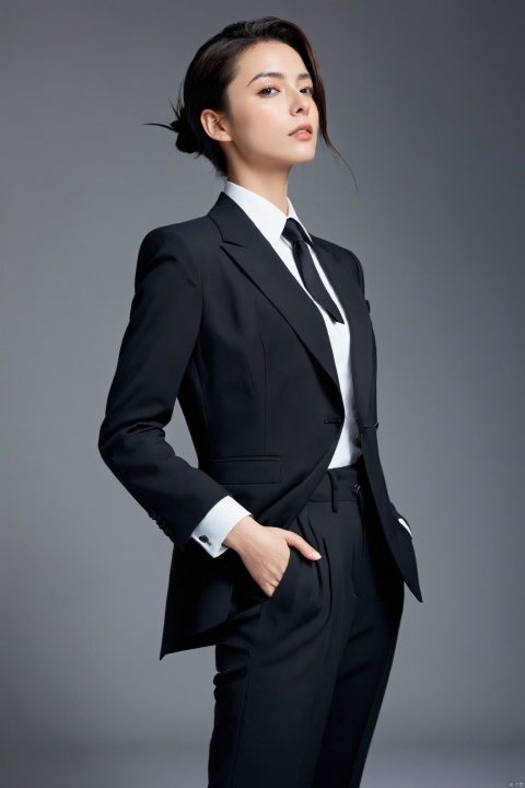 (((magazine cover: 1.4641))), magazine cover, poster, 1girl, full_body_shot, photography_studio, dramatic_photoshoot, high_contrast_lighting, dark_background, androgynous_style, tailored_suit, crisp_white_shirt, black_tie, fitted_jacket, wide_leg_pants, sleek_ankle_boots, slicked_back_hair, bold_eyebrow_arch, smoky_eyes_makeup, minimalist_jewelry, power_pose, hands_in_pockets, sharp_profile, standing_on_platform, strong_posture, shoulders_back, textured_fabric, clean_lines, buttoned_up_look, deep_gaze, fashion_forward, contemporary_portrait, cinematic_lighting, dynamic_shadows, modern_fashion_photography