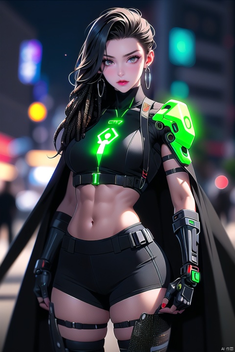 1figure, cyberpunk, futuristic, female, rogue agent, glowing tattoos, full-body armor, tactical visor, high-tech gauntlets, utility belt, exposed abdomen, chest plate, synthetic dreadlocks, green cybernetic eyes, shoulder pauldrons, flowing cape, thigh-high boots with buckles, energy weapon, digital camouflage patterns, augmented reality display, fingerless gloves, micro-missile launcher, dual pistols, cybernetic enhancements, ripped bodysuit, stern expression, lithe stance, half-cape, utility pouches, visible internal circuitry, cyber-eye HUD, red lip color, scar over left eyebrow, weathered urban backdrop, combat ready, ((poakl))