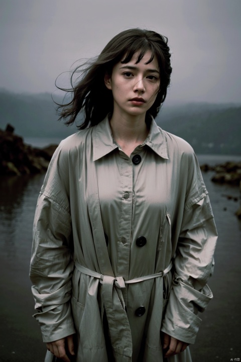 Annie Leibovitz's moody and atmospheric photograph portrays a young woman in an overcast, dimly lit environment. The subject stands amidst the soft grays and muted tones of a drizzly day, her form illuminated by the diffuse light filtering through heavy clouds. Clad in a raincoat or perhaps a long, flowing garment that catches the breeze, she seems to embody a sense of quiet introspection or resolute determination.

The photograph is characterized by Leibovitz’s ability to harness the emotive power of weather and setting to reflect the inner world of her subjects. Shadows drape across the scene, emphasizing the contours of the woman’s face and body as she looks pensively into the distance or perhaps engages directly with the camera lens, her expression enigmatic yet compelling.

Despite the somber ambiance, there's a subtle beauty captured in the image – every droplet on her clothing, the way her hair clings to her cheeks, and the nuanced play of light and shadow all contribute to a rich narrative about resilience and contemplation. This masterful composition allows the viewer to feel the weight of the moment while also appreciating the delicate balance between vulnerability and strength inherent in the female figure. (Visual Description: 24 megapixels, low-key lighting with high contrast for emotional depth: 1.7, selective focus on facial expression and mood-setting details: 1.5),((poakl))