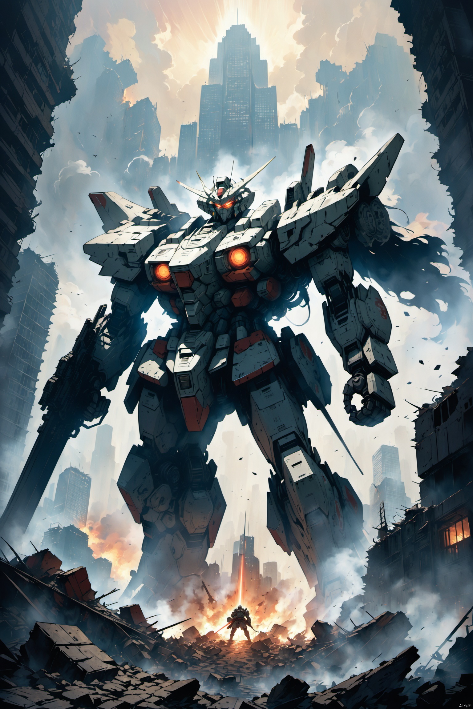 1giant mecha Gundam, full-body rendering, massive scale as it stands triumphantly over a ruined cityscape, detailed armor plating with battle scars, iconic head design featuring expressive eyes and sensor arrays, articulated joints capable of swift and precise movements, formidable array of weapons including beam sabers, shield, and missile launchers, internal pilot visible through cockpit viewport, mechanized footprints crushing the rubble beneath, smoke rising from recent conflict, partially destroyed skyscrapers forming an apocalyptic backdrop, dramatic lighting emphasizing its awe-inspiring presence, symbolic of power, resilience, and the eternal struggle for peace or domination in a world ravaged by war,((anime art style)), ((poakl)), eastern mythology