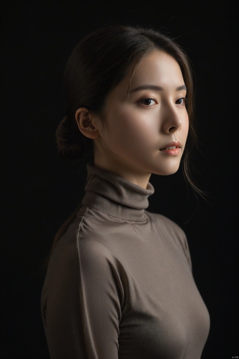 Studio lighting, portrait photography, a girl, (turtleneck), (((black background))), Bronze light, contour light, sense of space, depth of field, transparency, clean, light and dark boundary, slight reflection, Strong light and dark relationship, (8k, RAW photo, best quality, masterpiece: 1.2), (realistic, photo-realistic)