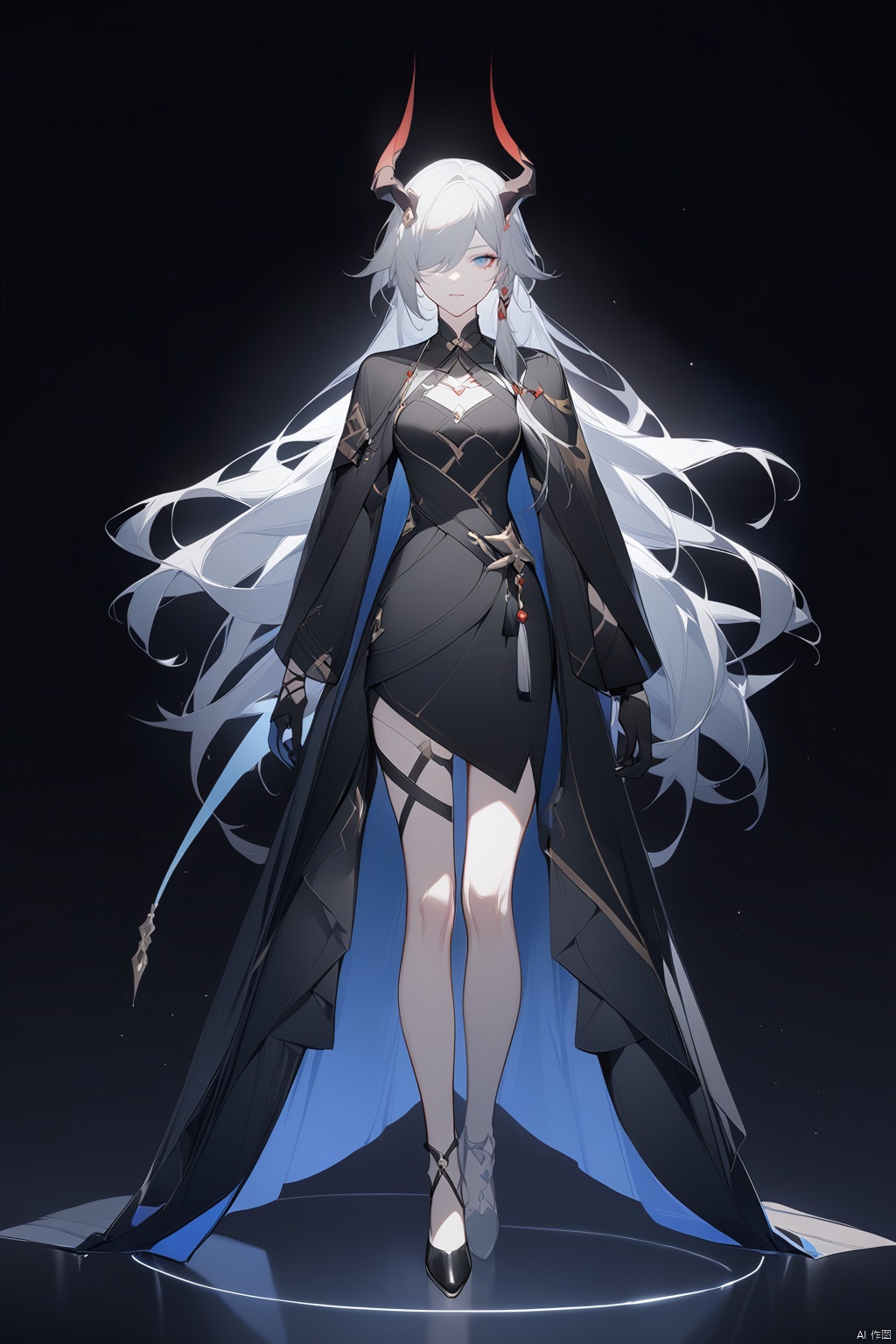  [[fu hua (phoenix)(honkai impact 3rd)]],nai3,1girl,solo,blue eyes
{artist:ask(askzy)}, 
1girl, solo, long hair, breasts, looking at viewer, gloves, dress, standing, full body, white hair, grey hair, horns, black gloves, cape, black footwear, hair over one eye, black dress, grey eyes, black background, black cape