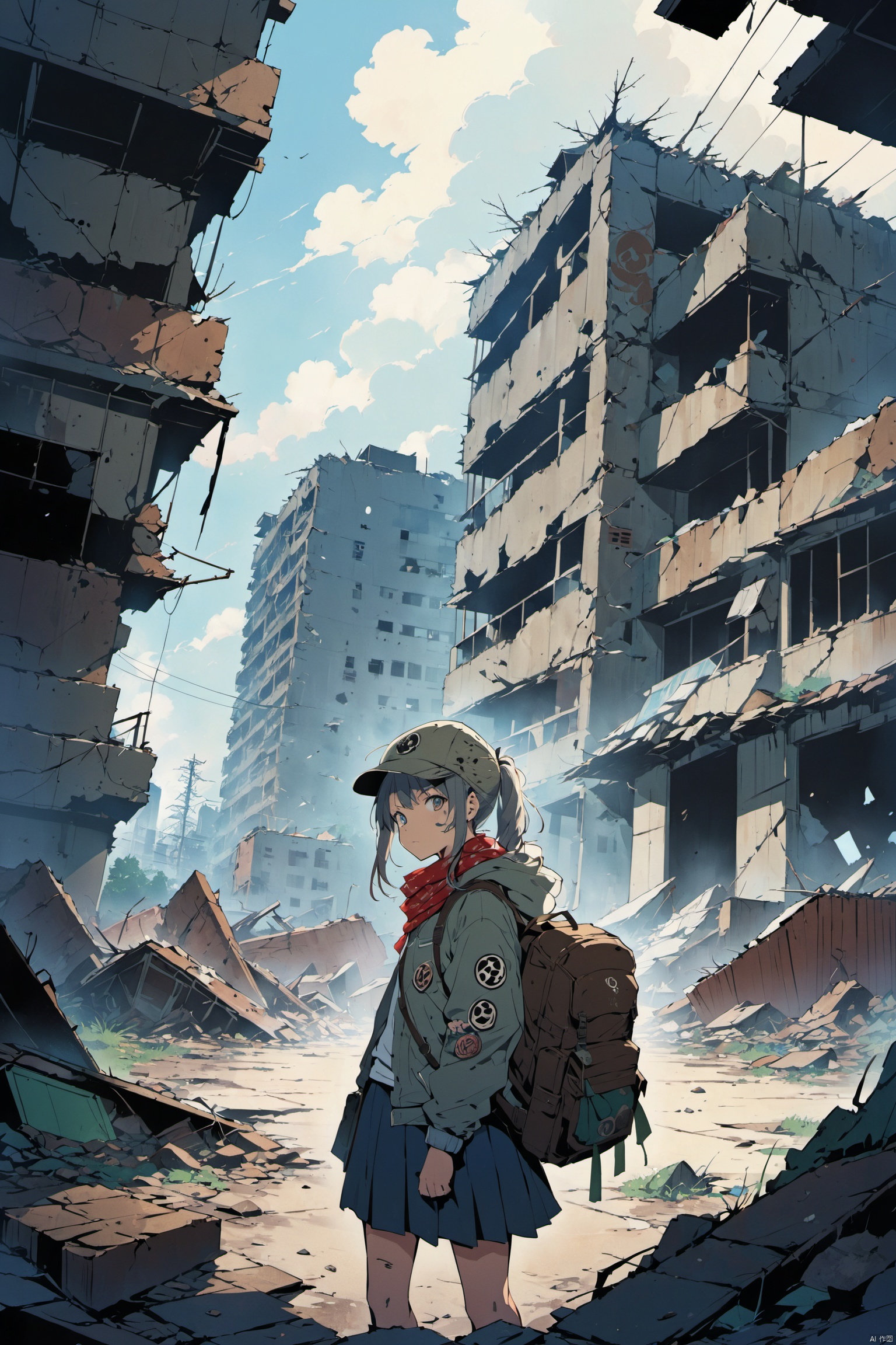  
1high school girl, full-body representation, post-apocalyptic setting, everyday wear adapted to wasteland conditions, worn-out school uniform, backpack, improvised armor patches, dirt-stained sneakers, makeshift weapon (baseball bat), protective goggles, face mask, bandana, tattered hoodie, radiation symbol patch, urban camouflage, collapsed school building, salvaged textbooks, signposts indicating former civilization, abandoned vehicles, resourcefulness, youthful defiance, mix of innocence and resilience, hope amidst despair, fading memories of pre-disaster life, makeshift shelter, inner strength, symbolizing the next generation's survival,((anime art style)), ((poakl)), eastern mythology