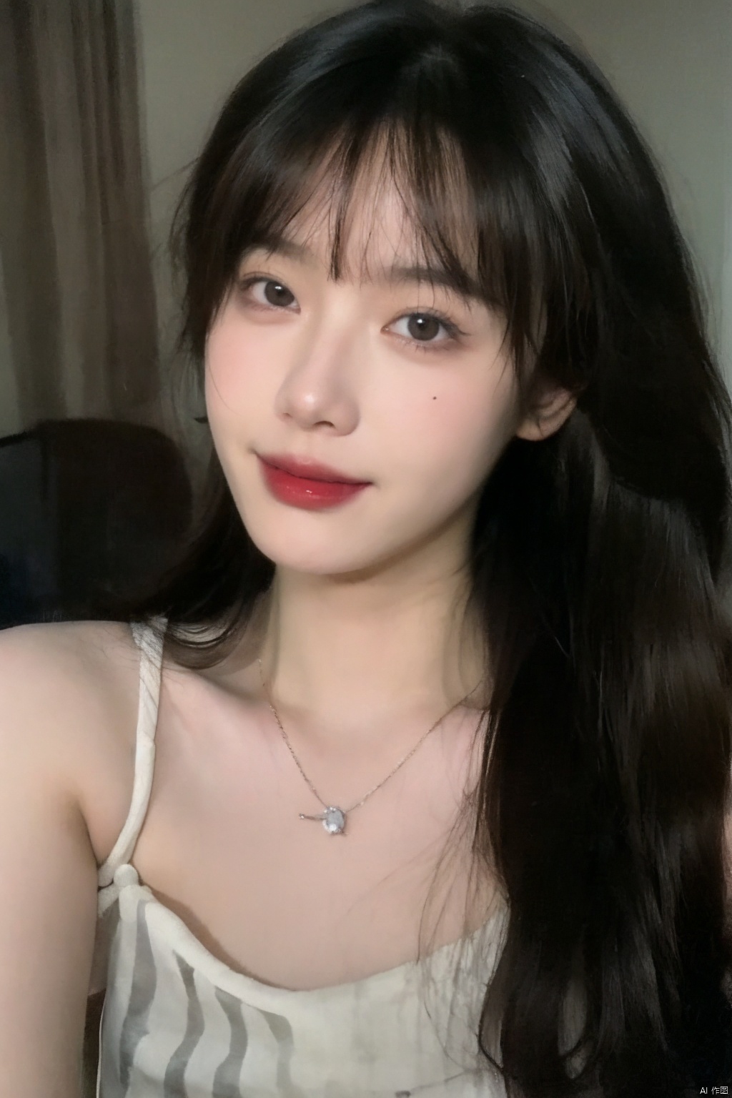 8K,Best quality, masterpiece, ultra high res, (photorealistic:1.4), raw photo, (Authentic skin texture:1.3), (film grain:1.3), (selfie angle),, ((poakl)),1girl, solo, long hair, looking at viewer, smile, brown hair, shirt, black hair, jewelry, closed mouth, upper body, striped, indoors, necklace, lips, **** top, striped shirt, realistic, television