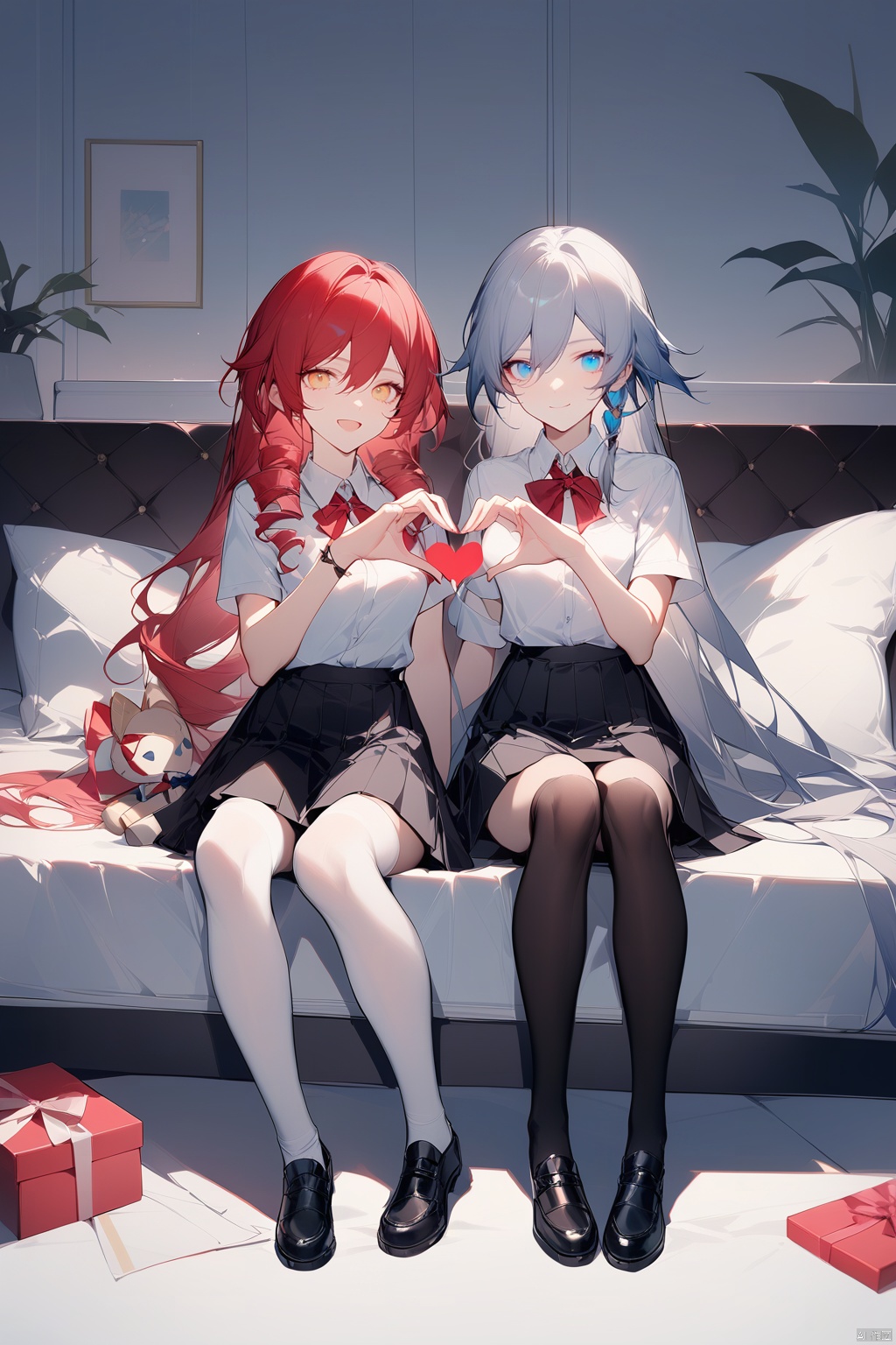  [[fu hua (phoenix)(honkai impact 3rd)]], nai3, 1girl, solo, blue eyes
{artist:ask(askzy)}, 
, (masterpiece)
long hair, looking at viewer, smile, open mouth, bangs, blue eyes, multiple girls, skirt, shirt, thighhighs, dress, bow, 2girls, sitting, closed mouth, school uniform, full body, yellow eyes, white shirt, white hair, short sleeves, :d, heart, red hair, food, shoes, socks, indoors, black skirt, black footwear, kneehighs, bed, drill hair, twin drills, gift, doll, heart hands, summer uniform, heart hands duo, polo shirt