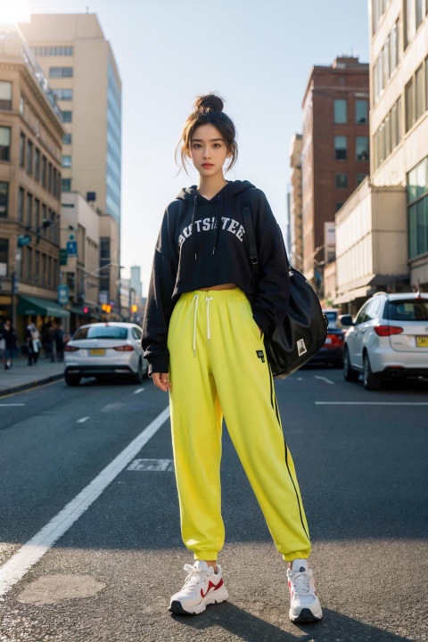  (8k,RAW photo,best quality,masterpiece:1.2),(realistic,photo-realistic),((poakl)),1girl, streetwear, dynamic poses, shark pants, oversized hoodie, sneakers, standing on a city street corner, bustling city traffic, neon lights, afternoon sun shining through buildings, wind tousled hair, earplugs, holding iced coffee, Crossbody bag, confident stance, blend into the vibrant cityscape, handsome