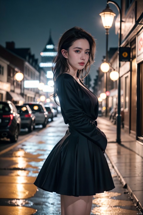 (Cowboy Shooting), (8k, RAW Photo, Best Quality, Masterpiece: 1.2), (Photorealism, Photorealism), Masterpiece, Best Quality, (Ray Tracing, Cinematic Lighting), 1girl, ((Solo) ) Flowing black dress, dynamic pose, messy hair, weak street lights, city skyline background, moonlit night, stone road street, European architectural style, Gothic cathedral in the distance, wrought iron fence, humid air, light of mist, ((poakl))