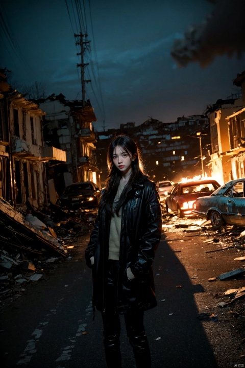 Gloomy sky, a girl, standing alone, not looking into the camera, sideways, flames, (((foreground blur: 1.4))), dramatic lighting, texture, dilapidated atmosphere, abandoned cars, rubble, dirt, debris, Ruined city, side light, contour light, photorealism, photography art, movie scene