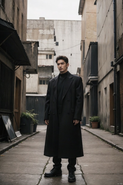 dark alleyway enforcer, 35mm panoramic urban grit, a formidable, rugged-looking man in a signature tough-guy ensemble stands his ground in a dimly lit, narrow backstreet under the cloak of night, projecting an air of impenetrable strength and controlled danger, UVWXYZ_hardened_underworld, high-resolution panoramic image, expertly harnessing the interplay of harsh shadows, scattered pools of light, and the oppressive ambiance of the urban labyrinth to heighten the mood, isolating the subject in sharp focus while blurring the decaying brickwork and graffiti-ridden walls into a tapestry of urban decay, thus forging a narrative that merges the raw power of a hardened criminal underworld figure with the grim reality of the city's darker corners.,((poakl)), monkren,1 boy