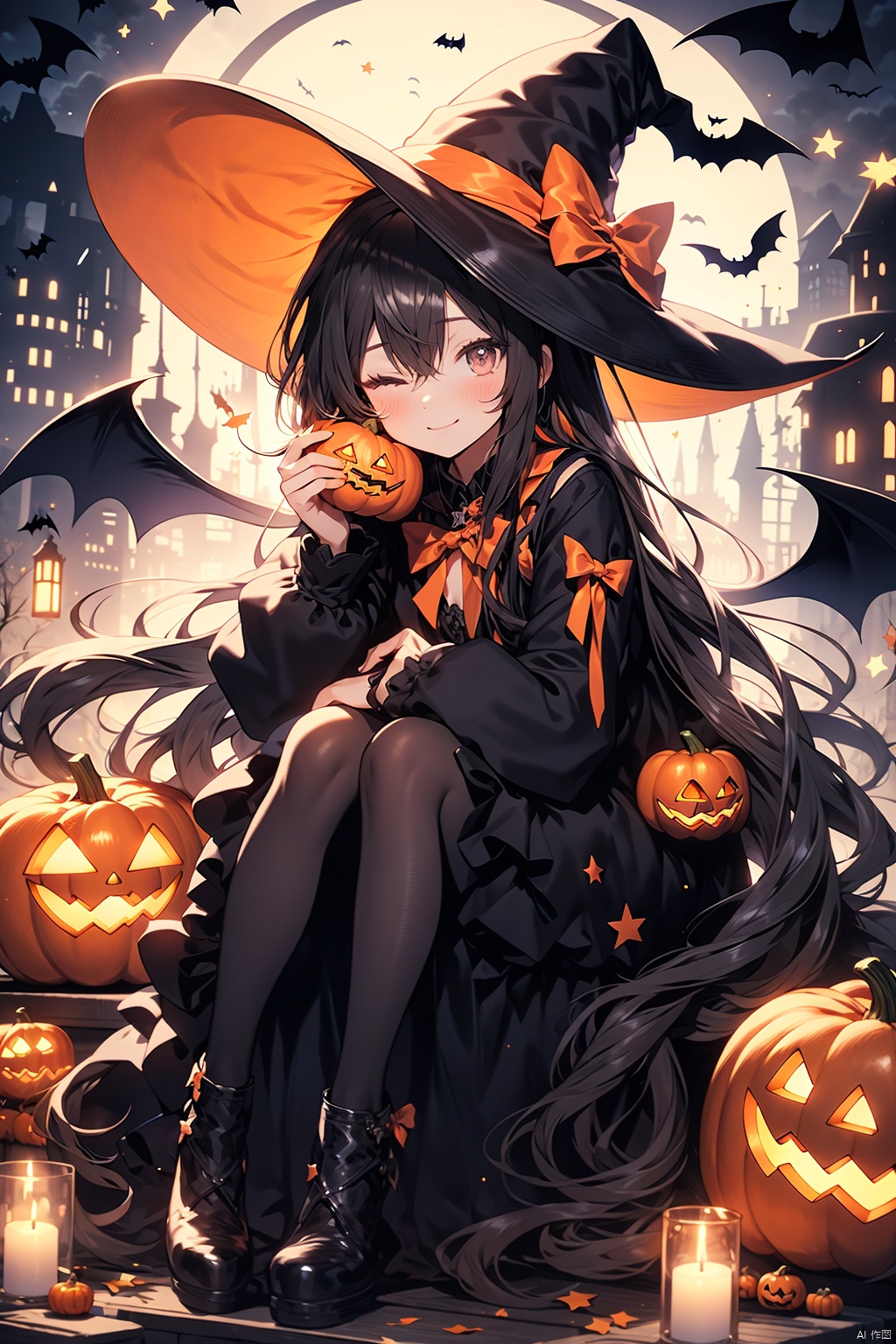  WANSHENG, 1girl, solo, long hair, hat, dress, bow, halloween, long sleeves, looking at viewer, bat \(animal\), pantyhose, wings, black dress, black headwear, holding, jack-o'-lantern, blush, black footwear, bangs, sitting, puffy sleeves, very long hair, mini hat, hair between eyes, brown eyes, closed mouth, food, red bow, black bow, full body, top hat, candy, star \(symbol\), black pantyhose