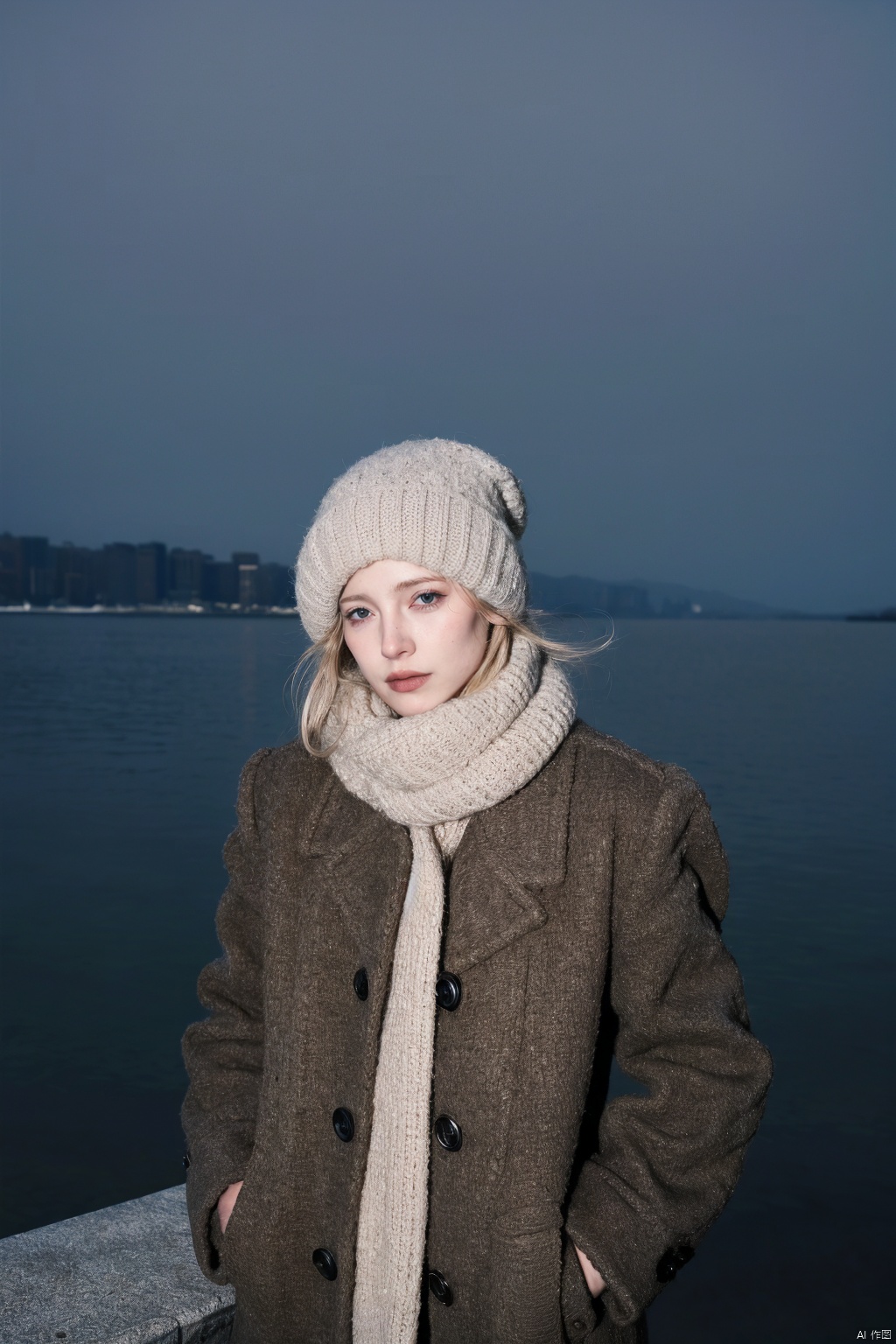 Annie Leibovitz-style portrait of a professional individual in winter attire, set against the stark yet serene backdrop of an icy cityscape. The subject stands tall, clad in a tailored overcoat that billows slightly in the cold breeze, their face framed by a scarf and topped with a woolen hat. Despite the chill, the person exudes poise and determination, hands buried in coat pockets while gazing confidently into the distance. The photograph showcases Leibovitz's mastery of lighting, using the diffused glow of streetlights to highlight the character lines etched by experience and responsibility. The image is characterized by crisp details from the texture of the coat to the glint of snowflakes settling on its surface. This visual narrative captures the essence of resilience and professionalism amidst the challenges of the season, creating a timeless portrayal of dedication and ambition in the colder months. (High-resolution: 12 megapixels, dramatic chiaroscuro lighting: 1.1, subtle emphasis on textures: 1.3)
