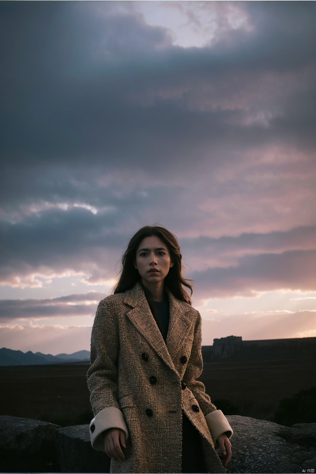 Annie Leibovitz's striking photograph captures a charismatic young woman in an outdoor setting, perhaps perched on the edge of a rocky outcropping or striding purposefully through a rugged wilderness. The woman exudes confidence and strength, her gaze steely and direct, embodying a contemporary blend of femininity and power.

Dressed in attire that speaks to both style and practicality, she commands attention against the dramatic backdrop of nature—a testament to Leibovitz's skill at juxtaposing subjects with their environment. Her form is silhouetted by the sun's rays, casting a bold shadow across the terrain below, underscoring her presence and resilience.

Leibovitz’s masterful use of natural light accentuates the contours of the subject, highlighting muscle definition and conveying a sense of energy and vitality. The image, while rooted in realism, transcends the typical portrait, becoming a narrative about female empowerment and the dynamic relationship between humanity and the outdoors.

The composition is deliberate and impactful, with every element serving to enhance the story told through the lens: the stark contrast between the rugged landscape and the sleek lines of the subject’s figure, the interplay of light and shadow, and the unyielding expression frozen in time. (Visual Description: 30 megapixels, high-contrast lighting with cooler tones for emphasis on texture and depth: 1.6, focus on strong character portrayal and environmental synergy: 1.8)((poakl))